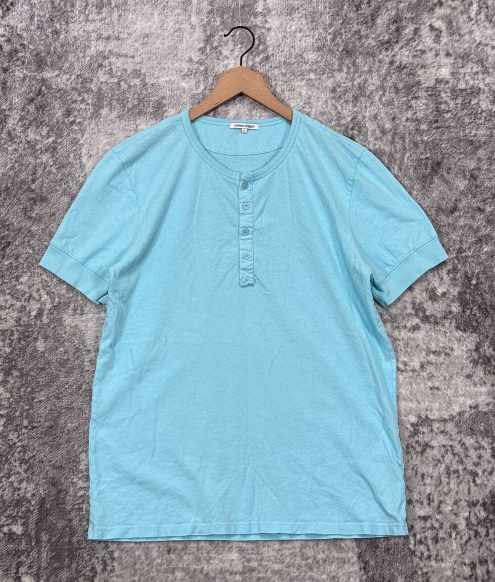 Cotton Citizen Shirt XL Mens Light Blue Short Sleeve Henley